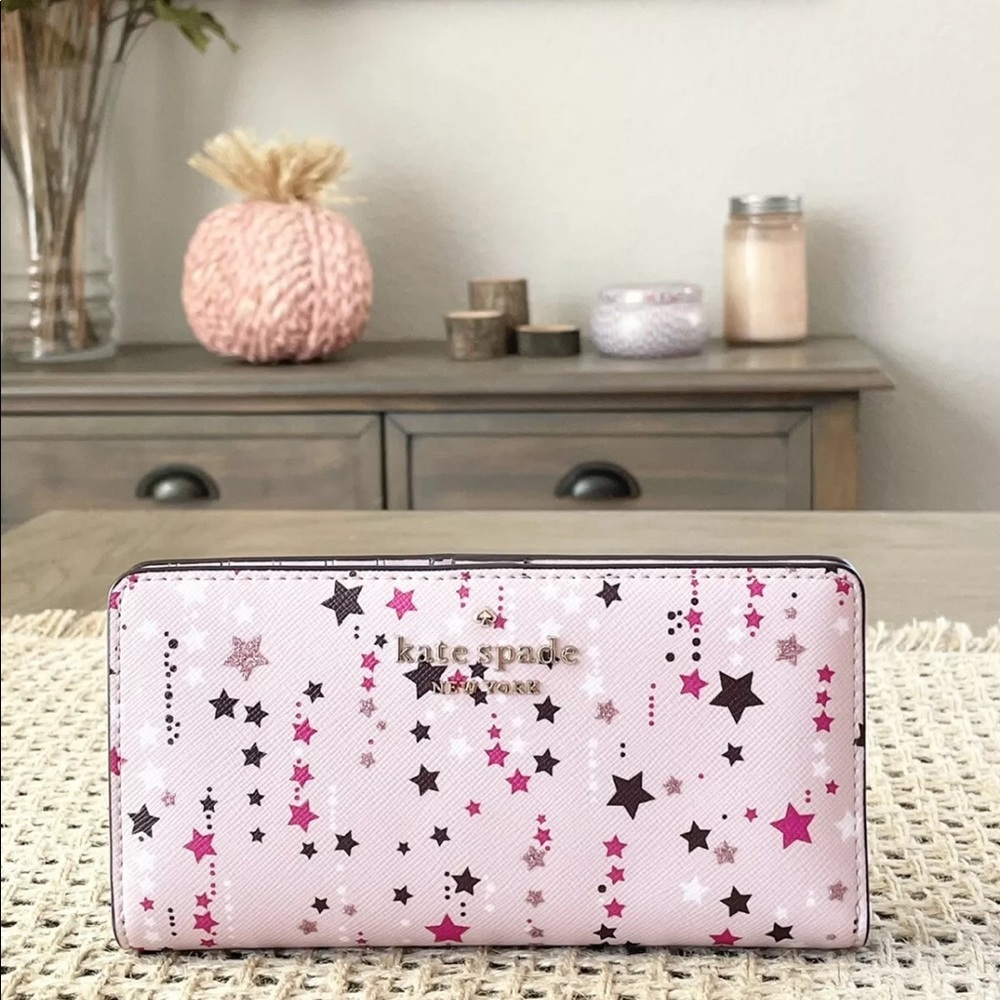 NWT Kate Spade Staci Twinkle Printed Large Slim Bifold Wallet in Pink Multi